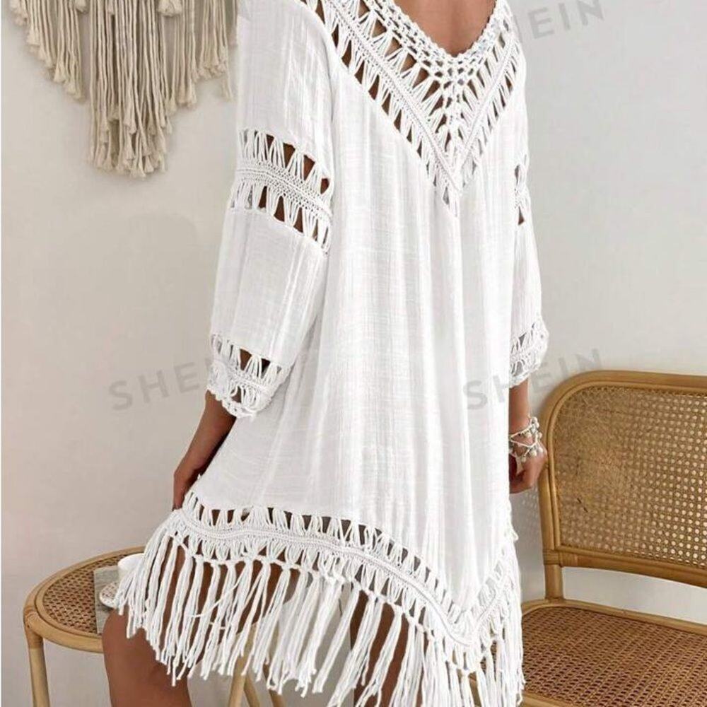 White Crochet Fringe Hem Loose Waisted Coverup - Picture 2 of 6